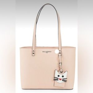 🐈KARL LAGERFELD BEIGE SAFFIANO TOTE CHOUPETTE CHARM NEW WITH TAGS